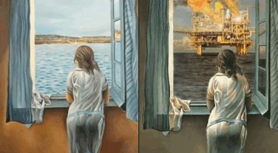 Ragazza alla finestra sul un mare di trivelle