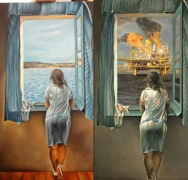 Ragazza alla finestra sul un mare di trivelle